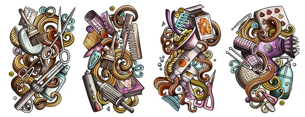 Hair Salon Cartoon Doodle Designs Set Colorful Detailed Compositions Lot — Stock Photo, Image
