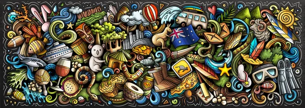 illustration with Australia theme doodles. Vibrant and eye-catching banner design, capturing the essence of Australian culture and traditions through playful cartoon symbols