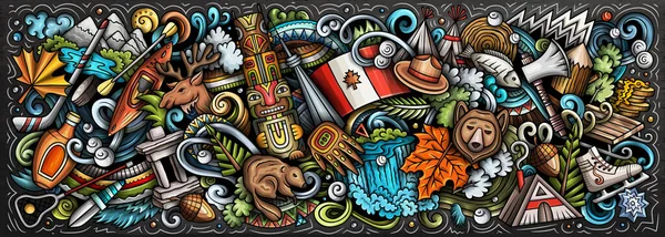 加拿大卡通涂鸦插图 有趣的加拿大横幅设计 具有北美国家元素和对象的创造性背景 色彩斑斓的作品 — 图库照片