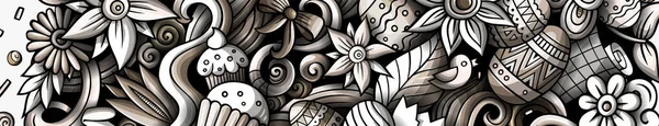 Κινούμενα Σχέδια Χαριτωμένο Μονόχρωμο Doodles Καλή Πάσχα Οριζόντια Banner Σχεδιασμό — Φωτογραφία Αρχείου