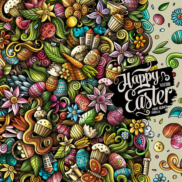 Happy Easter doodle border illustration. Spring Holiday elements and objects cartoon frame background.