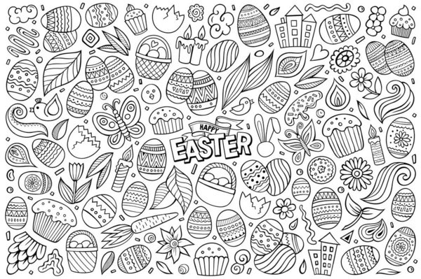 Línea Arte Dibujado Mano Doodle Conjunto Dibujos Animados Feliz Pascua — Foto de Stock