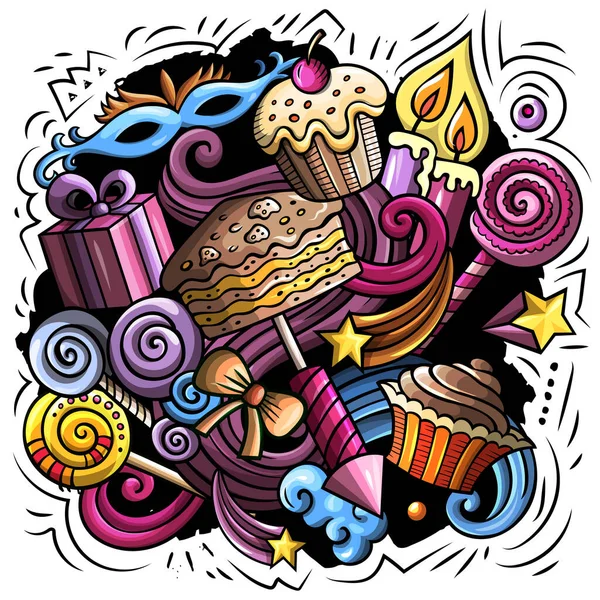 Happy Birthday Doodles Illustration Holiday Elements Objects Cartoon Background Bright — Stock Photo, Image