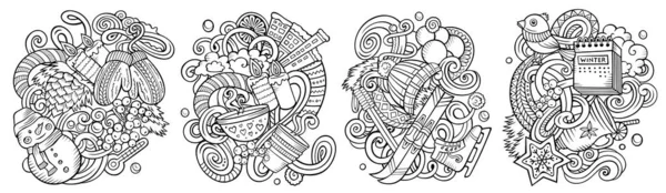 Winter Cartoon Doodle Design Set Line Art Detailní Skladby Spoustou — Stock fotografie