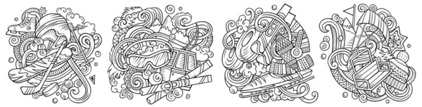 Esportes Inverno Desenhos Animados Doodle Set Composições Detalhadas Esboçadas Com — Fotografia de Stock