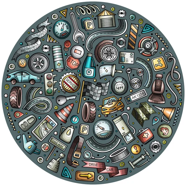 カラフルなベクトルハンドは 自動車漫画のドアオブジェクト シンボルやアイテムのセットを描画します — ストックベクタ