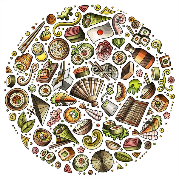 Πολύχρωμο Διάνυσμα Σύνολο Χέρι Της Ιαπωνίας Τροφίμων Γελοιογραφία Doodle Αντικείμενα — Διανυσματικό Αρχείο