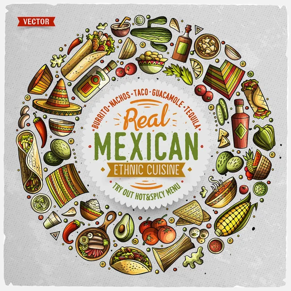 Πολύχρωμο Διάνυσμα Χέρι Σχεδιαστεί Σύνολο Των Μεξικανικών Τροφίμων Γελοιογραφία Αντικείμενα — Διανυσματικό Αρχείο