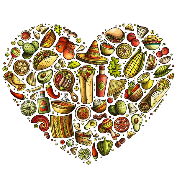カラフルなベクトル手メキシコの食品漫画の落書きオブジェクト シンボルやアイテムのセットを描画します ハートフォーム構成 — ストックベクタ