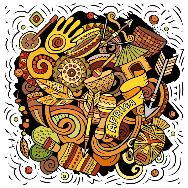 非洲手绘卡通画 有趣的旅行设计 创意艺术载体背景 非洲的符号 元素和物体 色彩斑斓的作品 — 图库矢量图片