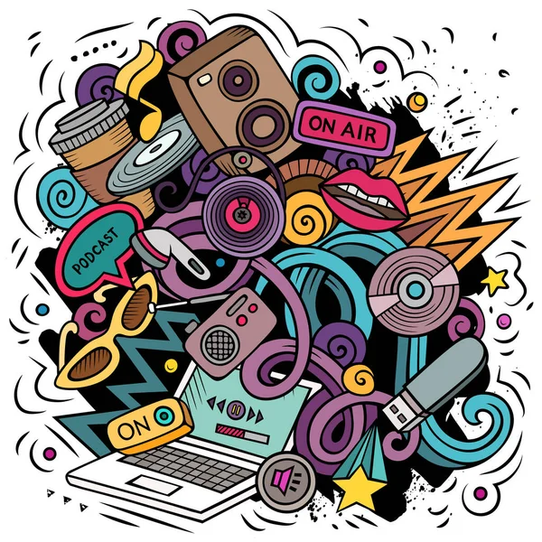 Audio Content Cartoon Doodles Illustration Creative Funny Vector Background Podcasts — Stock Vector