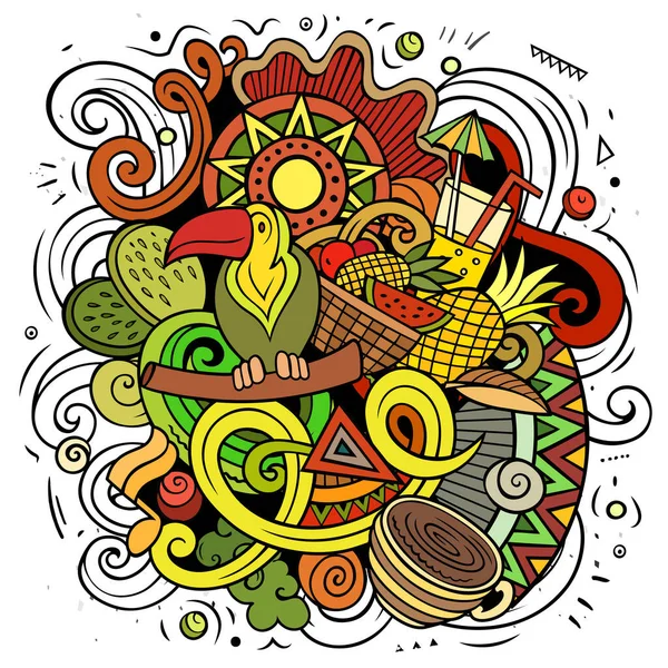 巴西卡通矢量涂鸦说明 色彩斑斓的细部作品 有许多巴西的物体和符号 — 图库矢量图片
