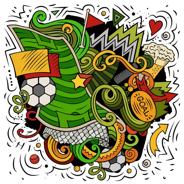 Kreskówka Wektor Doodles Piłka Nożna Ilustracja Kolorowy Szczegółowy Mnóstwem Obiektów — Wektor stockowy