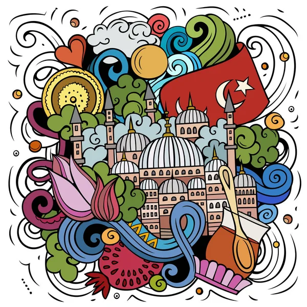 Stanbul Karikatür Çizimi Türk Nesneleri Sembollerinin Çokluğuyla Renkli Ayrıntılı Kompozisyon — Stok Vektör