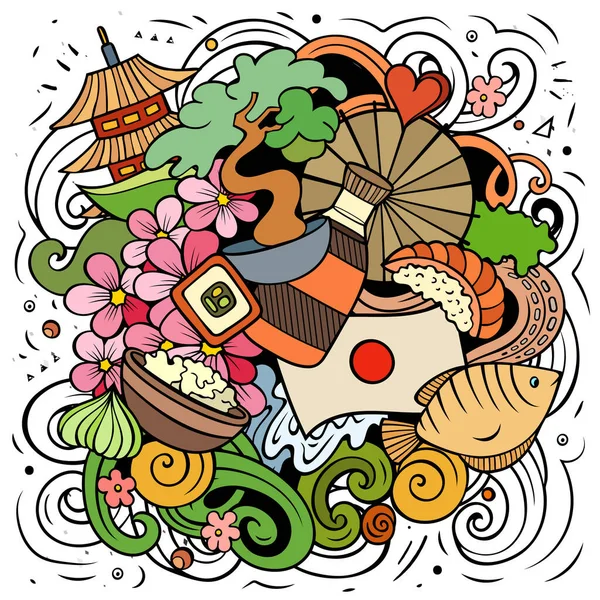 Illustration Vectorielle Gribouillis Dessins Animés Japonais Composition Détaillée Colorée Avec — Image vectorielle