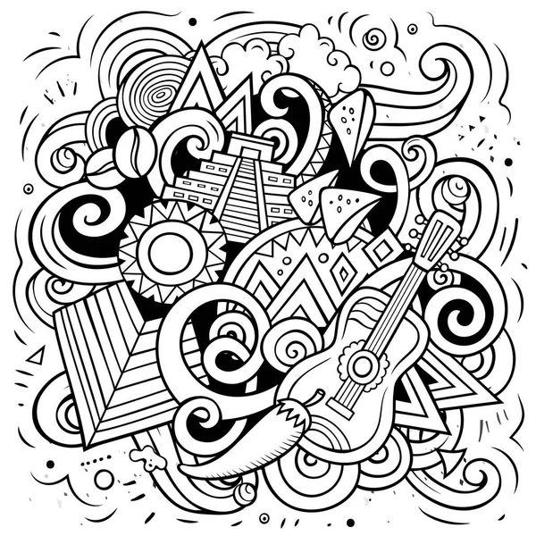 墨西哥卡通矢量涂鸦说明 带有大量墨西哥物品和符号的简洁而细致的构图 — 图库矢量图片