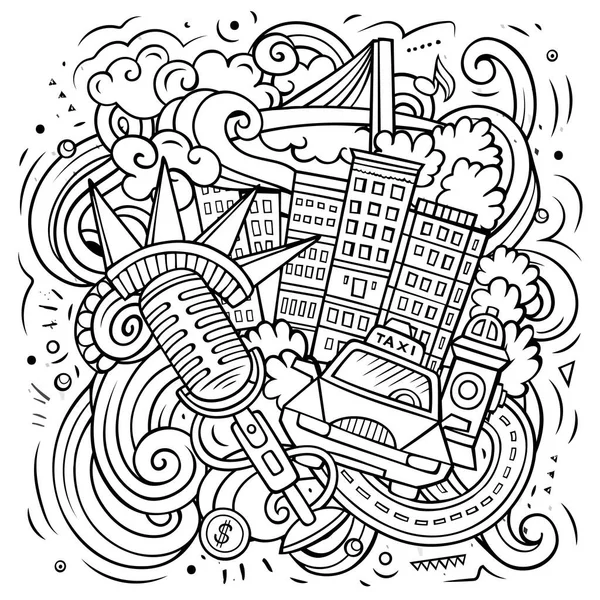 Illustration Gribouillis Vectoriel Dessin Animé New York Composition Détaillée Esquissée — Image vectorielle