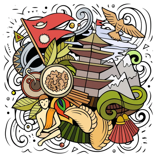 尼泊尔卡通矢量涂鸦说明 五颜六色的详细构图 有许多尼泊尔的物体和符号 — 图库矢量图片