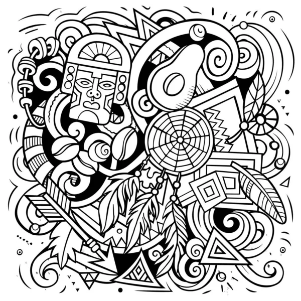 秘鲁卡通矢量涂鸦说明 带有大量秘鲁物品和符号的简洁而细致的构图 — 图库矢量图片
