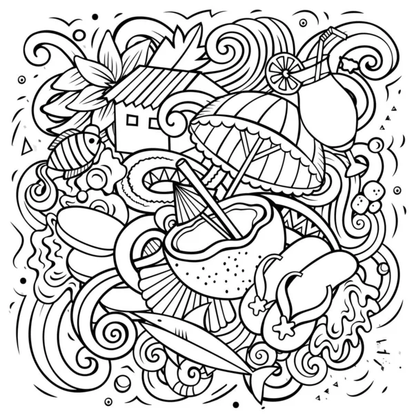 Karikaturenvektorkritzelillustration Der Seychellen Skizzenhafte Detailkomposition Mit Vielen Exotischen Inselobjekten Und — Stockvektor