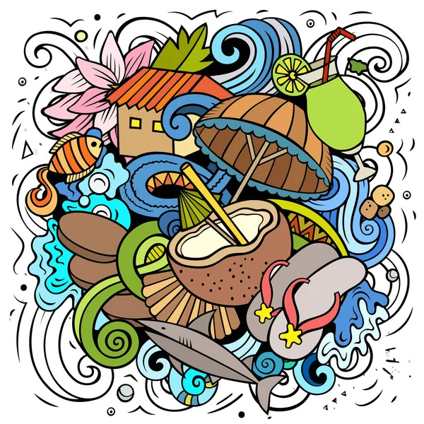 塞舌尔卡通矢量涂鸦说明 色彩斑斓的详细构图 有许多异国情调的岛屿物体和符号 — 图库矢量图片