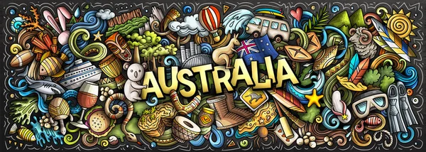 用澳大利亚的主题涂鸦来说明 引人注目的醒目的横幅设计 通过生动的卡通符号捕捉澳大利亚文化和传统的本质 — 图库照片