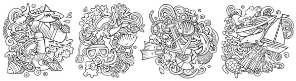 Nurkowanie Kreskówki Doodle Projekty Zestaw Linia Sztuki Szczegółowe Kompozycje Dużą — Zdjęcie stockowe