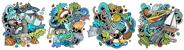 Mergulho Desenhos Animados Doodle Set Composições Detalhadas Coloridas Com Muitos — Fotografia de Stock