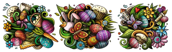 Szczęśliwego Wielkanocnego Kreskówki Doodle Projekty Zestaw Kolorowe Kompozycje Szczegółowe Dużą — Zdjęcie stockowe