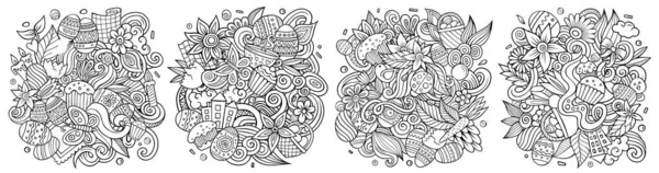 Happy Easter Desenhos Animados Doodle Set Composições Detalhadas Arte Linha — Fotografia de Stock
