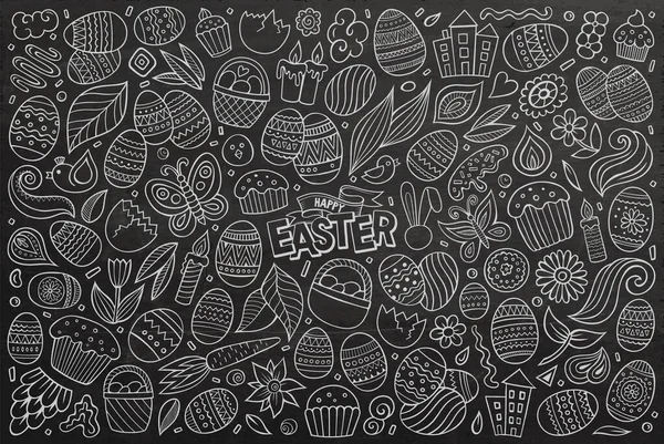 Chalkboard Hand Drawn Doodle Cartoon Set Happy Easter Theme Items — Stock Photo, Image