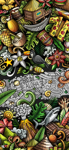 夏威夷手绘涂鸦横幅 卡通详细传单 用夏威夷的物体和符号来说明 色彩斑斓的背景 — 图库照片