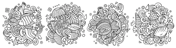 Vida Subaquática Desenhos Animados Doodle Set Composições Detalhadas Esboçadas Com — Fotografia de Stock