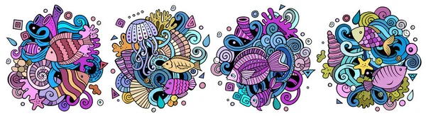 Underwater Life Cartoon Doodle Designs Set Colorful Detailed Compositions Lot — Stock Photo, Image