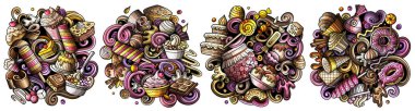 Desserts cartoon  doodle designs set. Colorful detailed compositions with lot of sweet food objects and symbols.  clipart