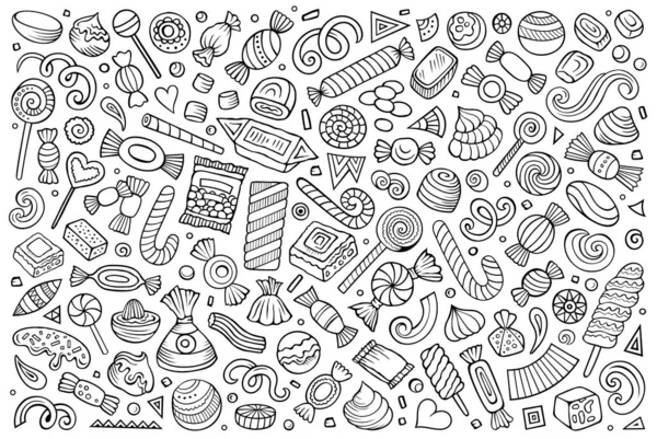 Line Art Doodle Tekenfilm Set Van Snoepjes Thema Items Objecten — Stockfoto