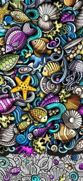 Sea life doodle banner. Cartoon detailed flyer. Underwater identity with objects and symbols. Color design elements background