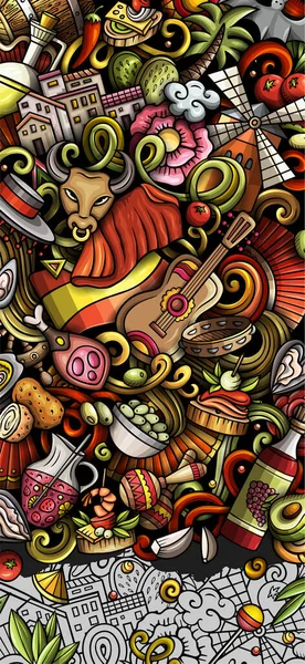 Іспанія Прапорі Каракулі Картун Детальний Літун Ілюстрація Іспанськими Предметами Символами — стокове фото