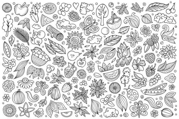 Hand Drawn Doodle Cartoon Set Summer Nature Theme Items Objects — Stock Photo, Image