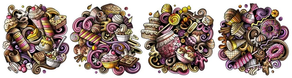 Επιδόρπια Σχέδια Σκίτσο Πολύχρωμες Λεπτομερείς Συνθέσεις Πολλά Γλυκά Αντικείμενα Τροφίμων — Φωτογραφία Αρχείου