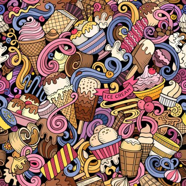 Cartoon doodles Ice-cream seamless pattern. Backdrop with ice cream symbols and items. Colorful detailed background for print on fabric, textile, phone cases, wrapping paper. All objects separate. clipart