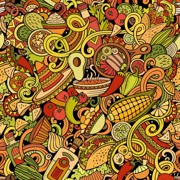 Мексиканская Еда Рисовал Каракули Бесшовный Рисунок Этническая Кухня Фон Мультфильм — стоковый вектор