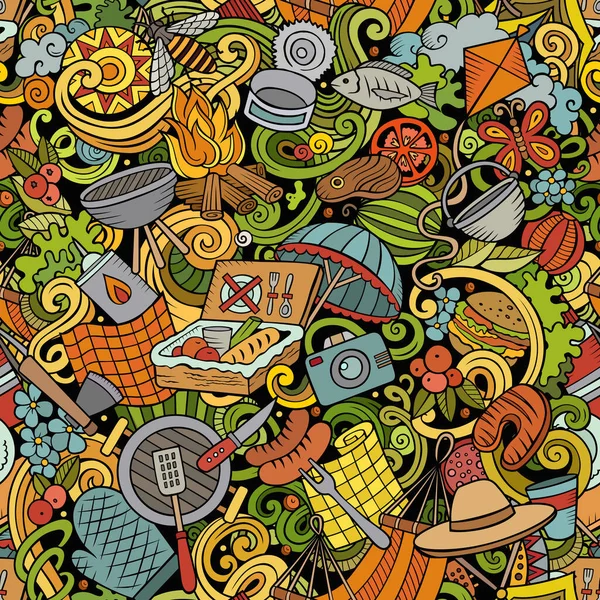 Ручной Рисунок Пикника Бесшовный Рисунок Барбекю Фон Карикатурная Еда Природа — стоковый вектор