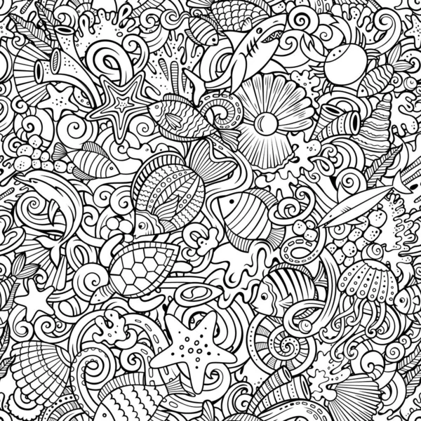 Tecknad Doodles Sea Life Sömlös Mönster Bakgrund Med Undervattenssymboler Och — Stock vektor