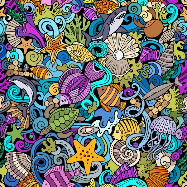 Cartoon Doodles Sea Life Naadloos Patroon Achtergrond Met Onderwater Symbolen — Stockvector