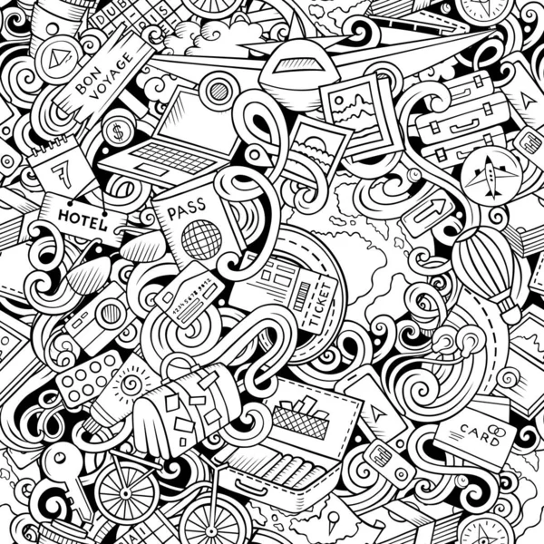 手描きのドアのシームレスなパターンを旅行 旅行計画の背景 漫画の旅ファブリックプリントデザイン スケッチベクトル航海イラスト — ストックベクタ