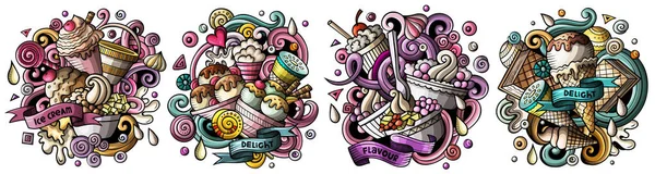 Ice Cream Cartoon Doodle Designs Set Colorful Detailed Compositions Lot — Stock Photo, Image
