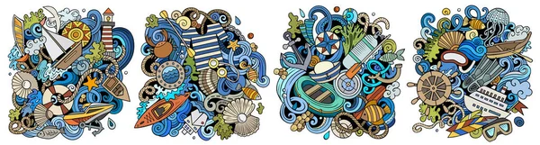 Marina Dibujos Animados Doodle Diseños Conjunto Coloridas Composiciones Detalladas Con — Foto de Stock