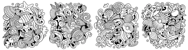 Vida Submarina Dibujos Animados Doodle Diseños Conjunto Composiciones Detalladas Incompletas — Foto de Stock