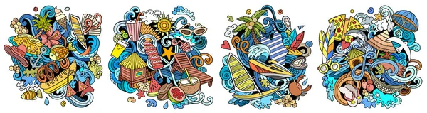 Verão Praia Desenhos Animados Doodle Set Composições Detalhadas Coloridas Com — Fotografia de Stock